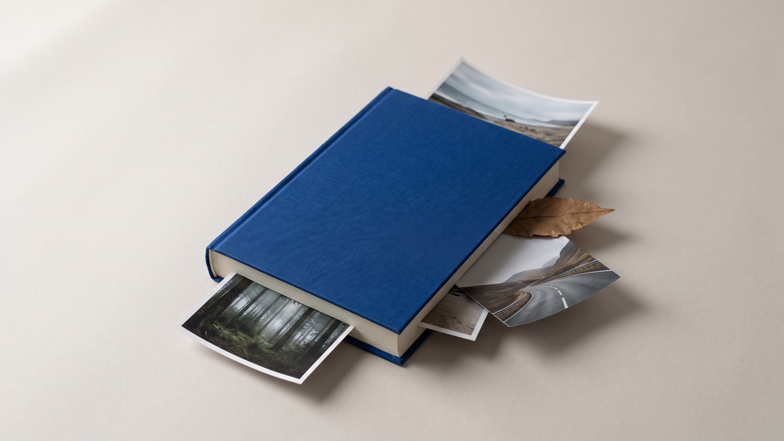 A closed notebook with small landscape prints and a pressed leaf tucked between its pages