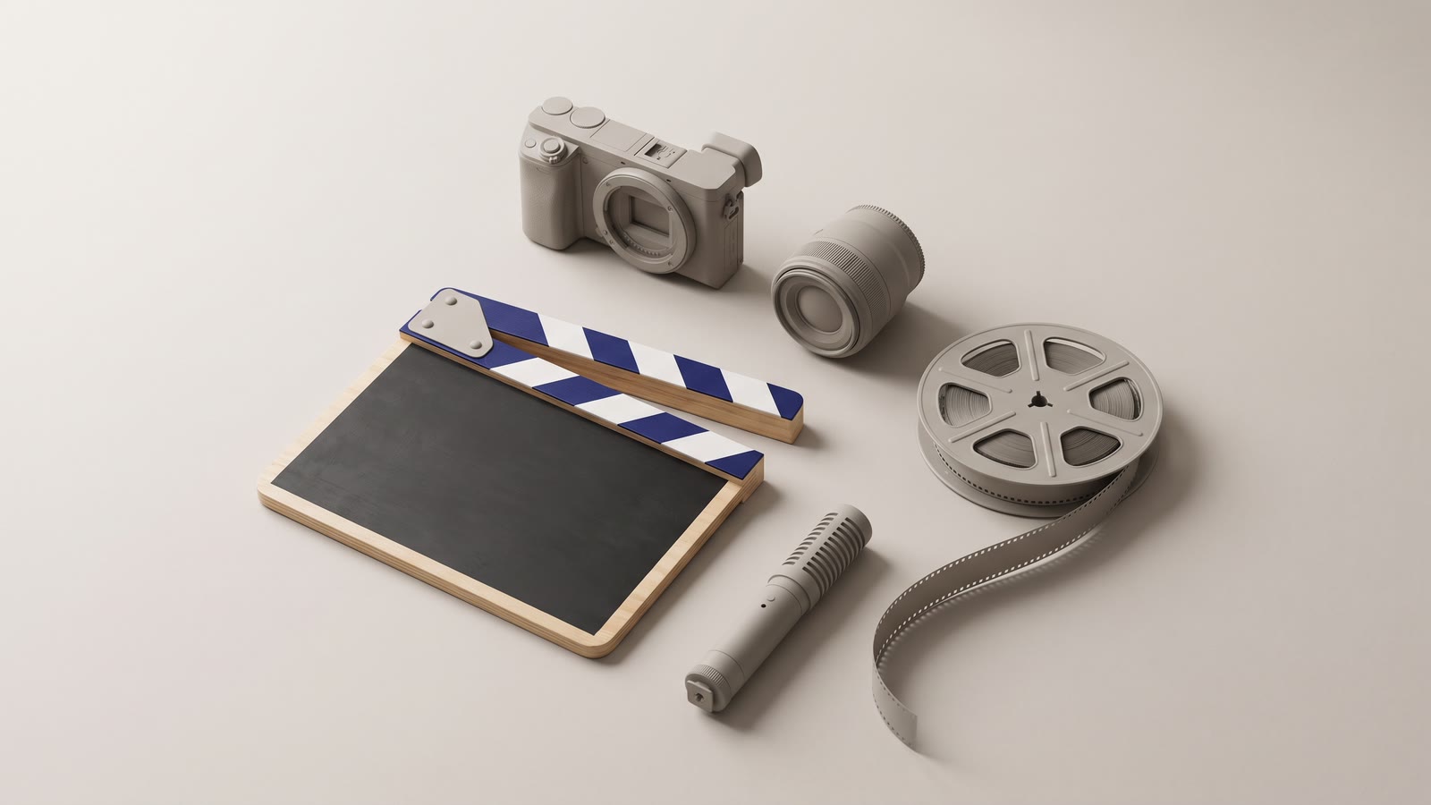 A flat-lay of filmmaking tools arranged in a grid