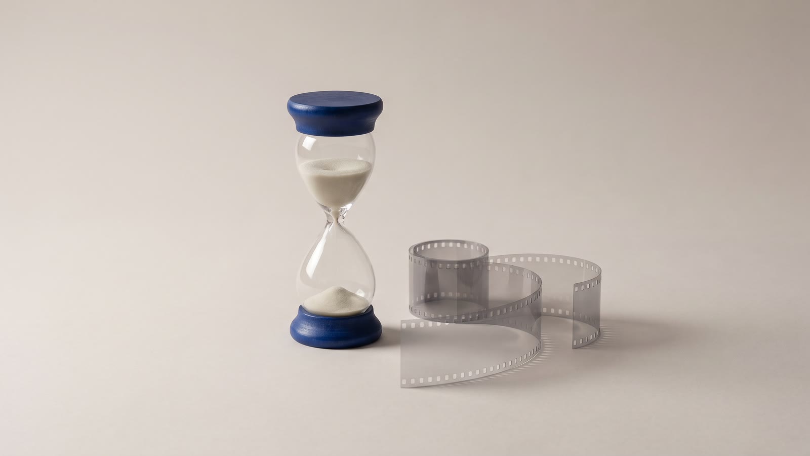 An hourglass beside a fanned strip of film frames