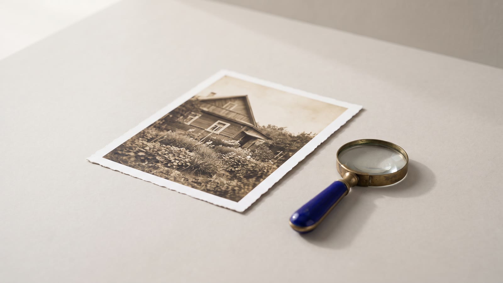 An old sepia photograph beside a magnifying glass