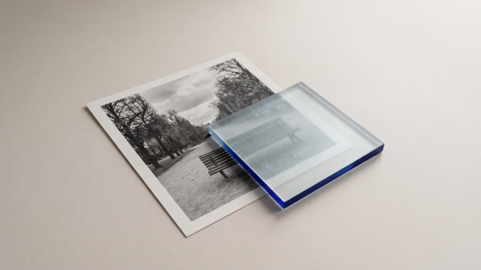 A photograph with a square of frosted glass blurring one part