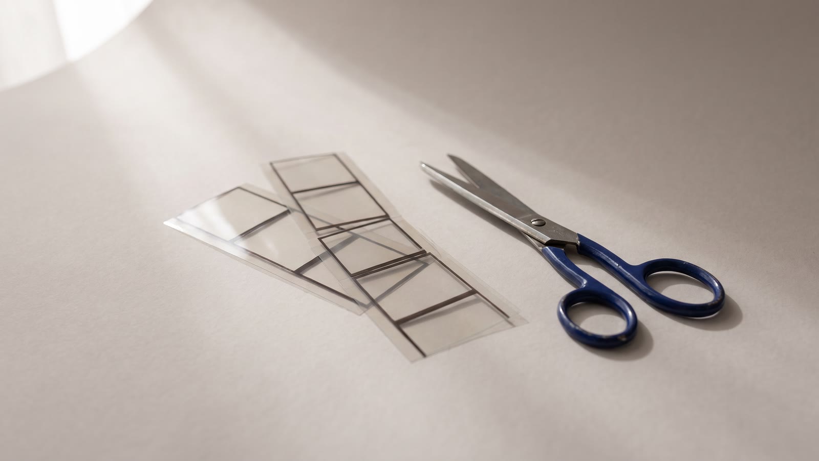A long film strip cut into short pieces with scissors