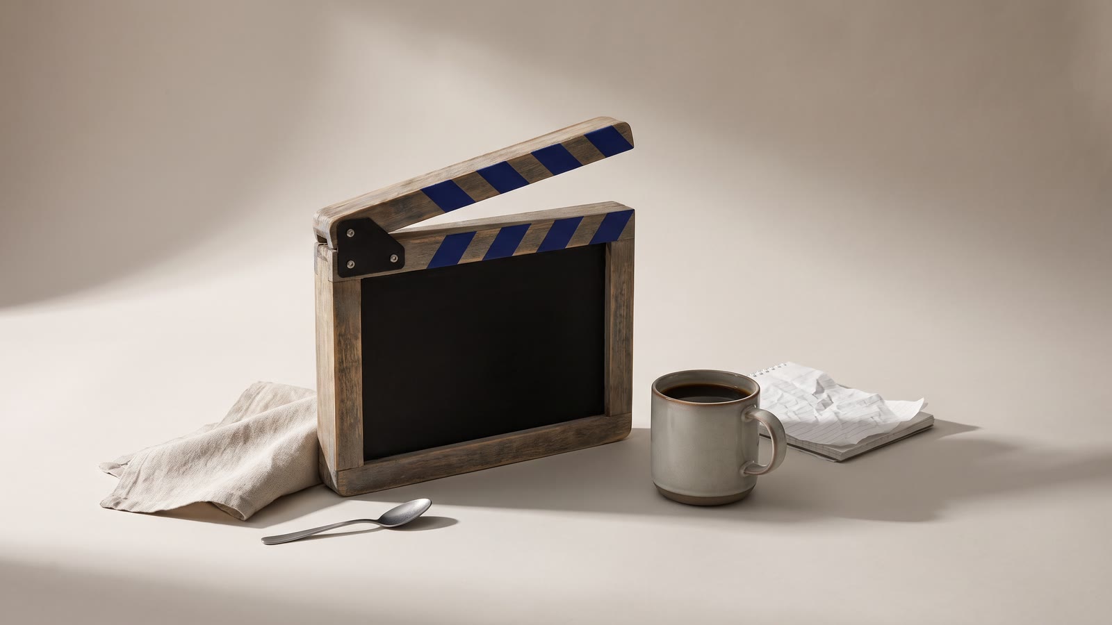 A blank clapperboard beside a cup of coffee