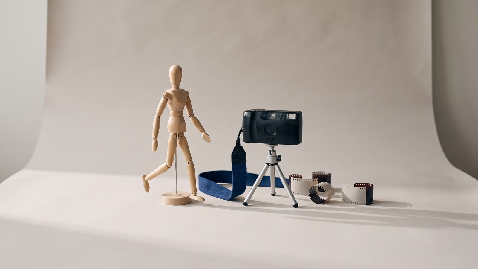 A wooden artist's mannequin posed mid-stride beside a small camera