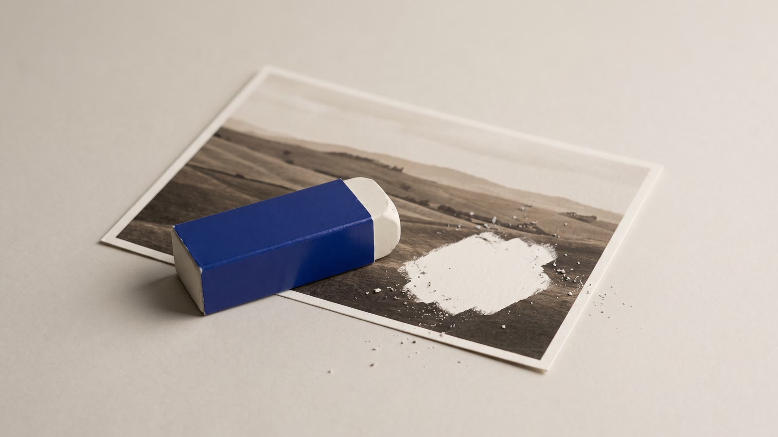 An eraser on a photograph with one patch rubbed away