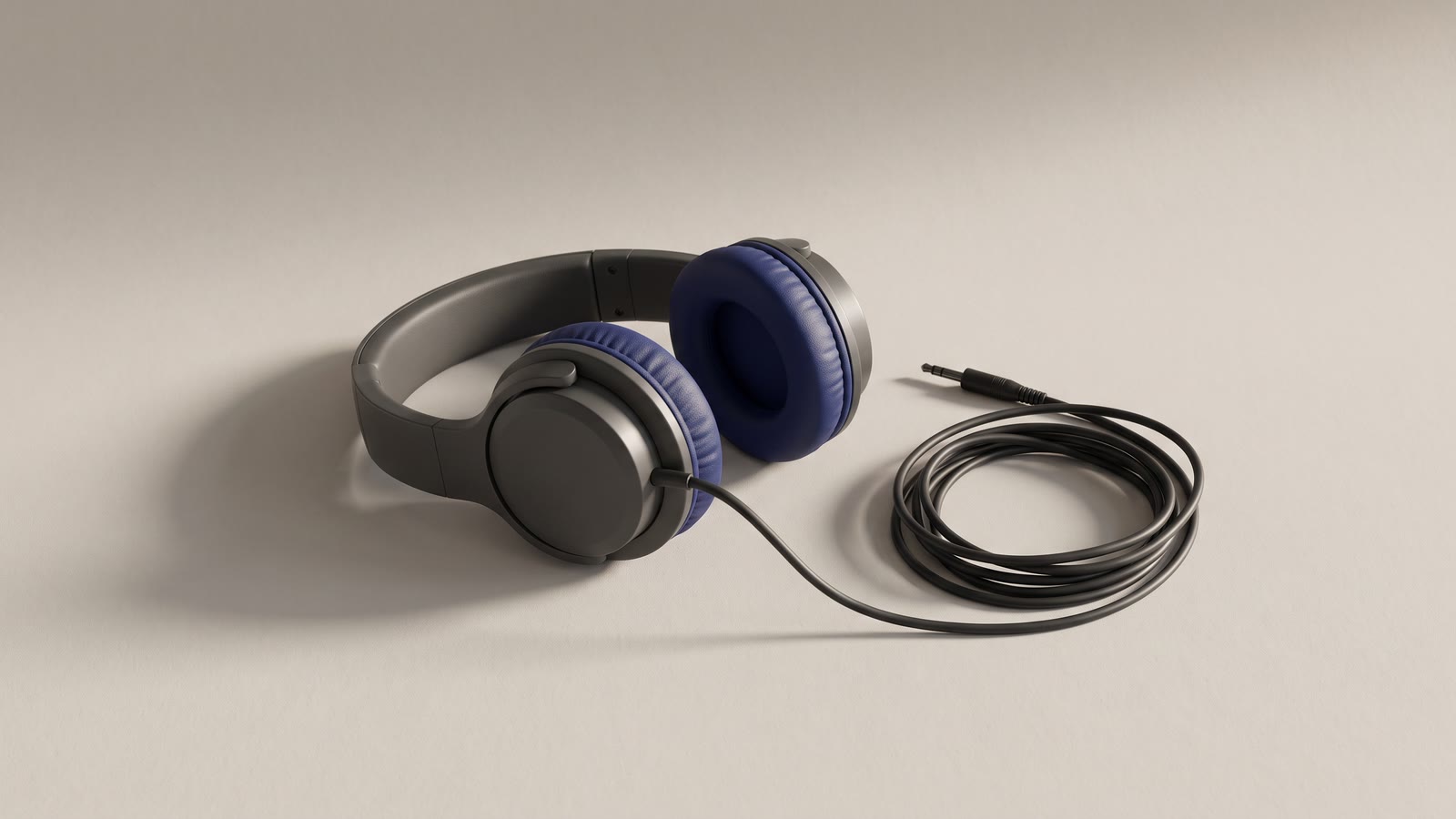 Plain over-ear headphones lying flat with a coiled cable beside them