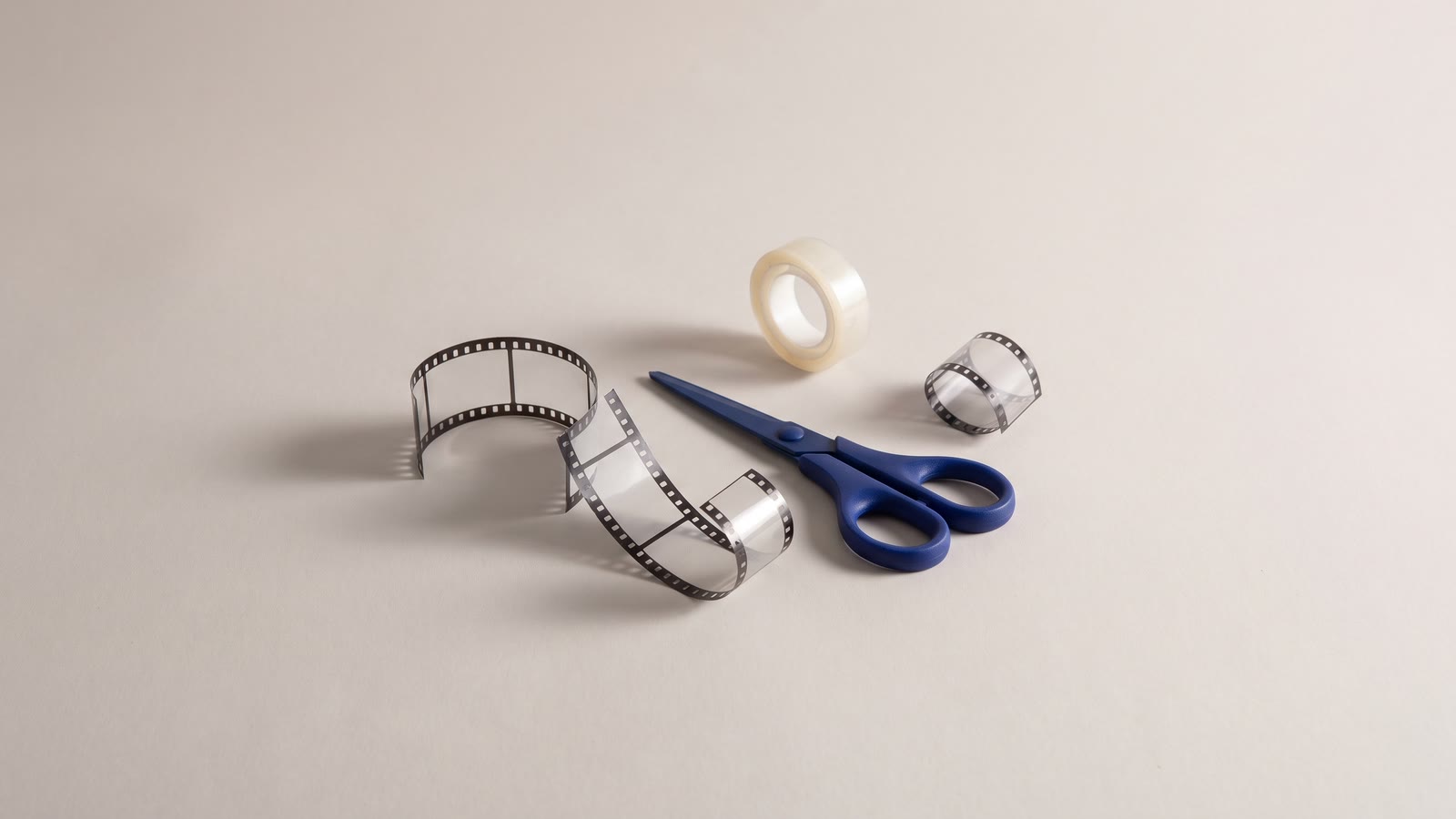 Scissors, a roll of tape and two strips of film