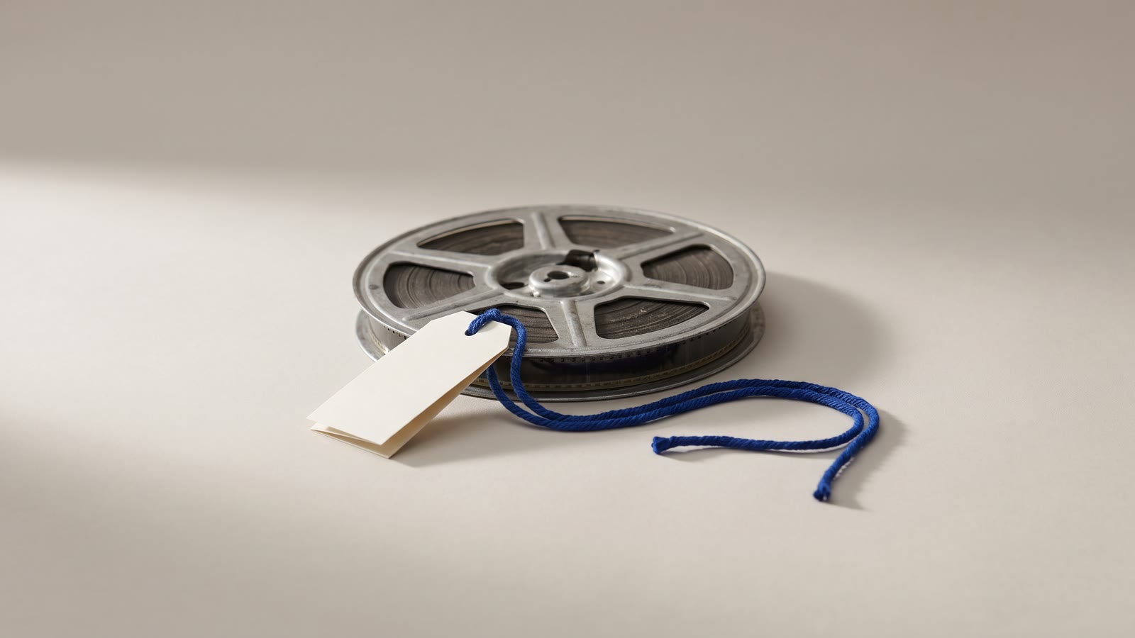 A film reel with a blank price tag tied to it