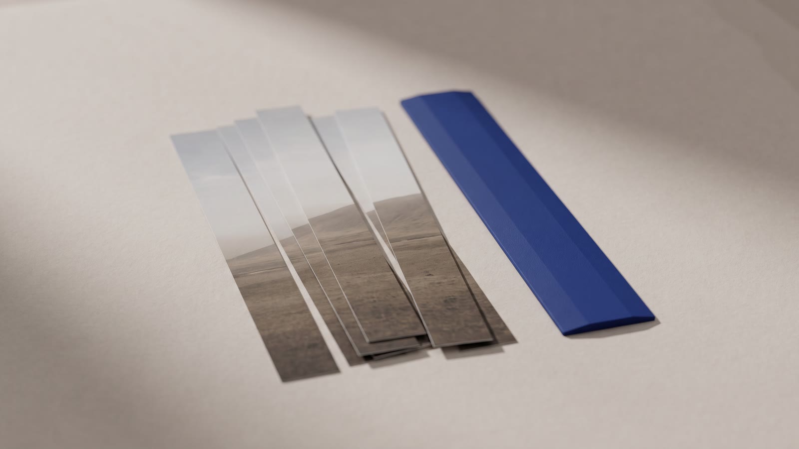 A photograph cut into vertical strips, slightly misaligned