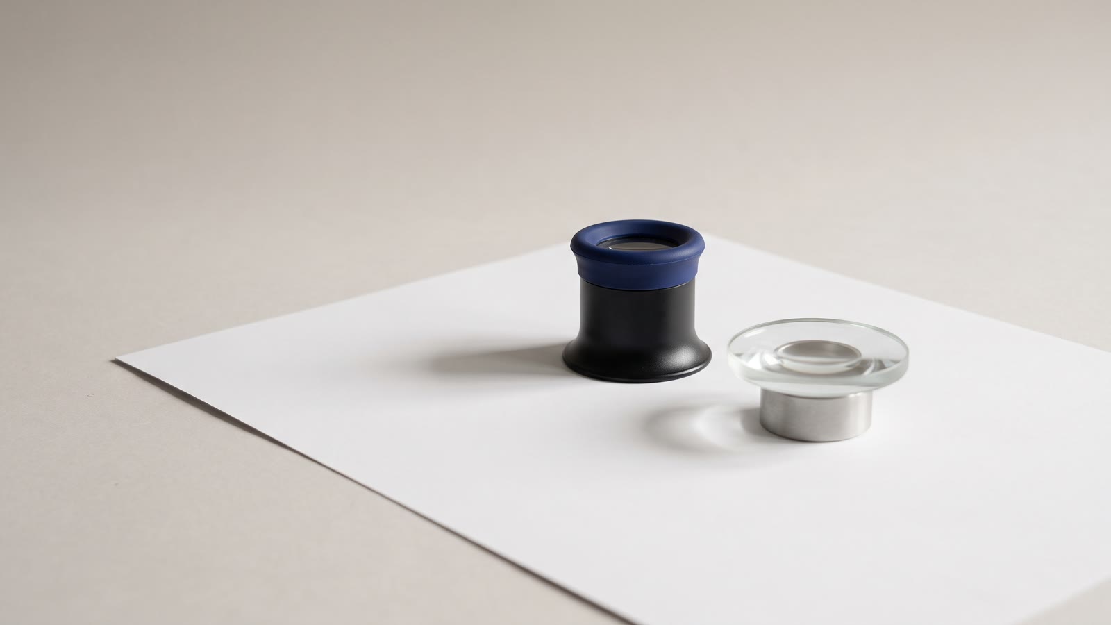 A photographer's loupe standing on a blank sheet of photo paper